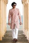 Shop_Courtyard by abhi_Peach Japanese Lycra Embroidery Resham Phool Mahal Sherwani With Trouser _at_Aza_Fashions