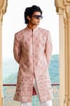 Buy_Courtyard by abhi_Peach Japanese Lycra Embroidery Resham Phool Mahal Sherwani With Trouser _Online_at_Aza_Fashions