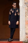 Buy_Courtyard by abhi_Black Japanese Lycra Embroidery Resham Lantern Mahal Sherwani With Trouser _at_Aza_Fashions