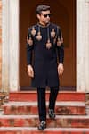 Shop_Courtyard by abhi_Black Japanese Lycra Embroidery Resham Lantern Mahal Sherwani With Trouser _at_Aza_Fashions