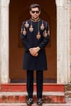 Shop_Courtyard by abhi_Black Japanese Lycra Embroidery Resham Lantern Mahal Sherwani With Trouser _Online_at_Aza_Fashions