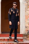 Courtyard by abhi_Black Japanese Lycra Embroidery Resham Lantern Mahal Sherwani With Trouser _at_Aza_Fashions