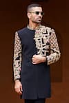 Courtyard by abhi_Black Japanese Lycra Embroidery Resham Mughal Blossom Sherwani With Trouser _Online_at_Aza_Fashions