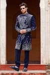 Courtyard by abhi_Blue Japanese Lycra Embroidery Cutdana Florence Ecstasy Sherwani With Trouser _Online_at_Aza_Fashions