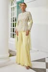 Shop_Mani Bhatia_Yellow Chiffon Embroidery Pearl High Round Neck Phool Jaal Jacket Sharara Set _Online_at_Aza_Fashions