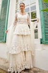 Mani Bhatia_Ivory Crepe Embroidery Pearl Sweetheart Fresh Daisy Peplum Kurti And Sharara Set _Online_at_Aza_Fashions