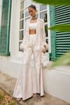 Shop_Mani Bhatia_Ivory Dupion Silk Embroidery Pearl Lily Petal Jacket And Bell Bottom Pant Set _Online_at_Aza_Fashions