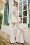 Mani Bhatia_Ivory Dupion Silk Embroidery Pearl Lily Petal Jacket And Bell Bottom Pant Set _at_Aza_Fashions