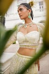 Shop_Mani Bhatia_Yellow Organza Embroidery Pearl Queen Anne Neck Bahar Mermaid Lehenga Set _Online_at_Aza_Fashions