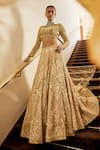 Buy_Mani Bhatia_Gold Net Embroidery Cutdana Sweetheart Neck Cosmic Mirage Lehenga Set _at_Aza_Fashions