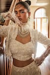 Mani Bhatia_Ivory Crepe Embroidery Pearls Open Neck Callista Jacket And Lehenga Set _Online_at_Aza_Fashions