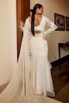 Shop_Mani Bhatia_Ivory Organza Feather Trim Embellished Pre-draped Ruffle Saree With Blouse _at_Aza_Fashions