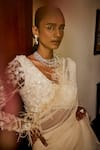 Mani Bhatia_Ivory Organza Feather Trim Embellished Pre-draped Ruffle Saree With Blouse _Online_at_Aza_Fashions