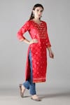 Shop_Sheeshakari_Red Silk Embroidered Mirror Notched And Tikki Kurta Pant Set _Online_at_Aza_Fashions