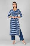 Sheeshakari_Blue Silk Printed Tiger Notched Embroidered Kurta _Online_at_Aza_Fashions