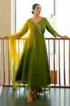 Buy_Sugandh Gupta_Green Dupion Silk Embroidery Bullian Spring Meadow Angarkha Anarkali Set _at_Aza_Fashions