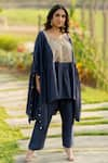 Buy_Sugandh Gupta_Blue Dupion Silk Embroidery Boho Fiore Scoop Neck Yoke Kaftan With Pant _at_Aza_Fashions