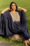 Sugandh Gupta_Blue Dupion Silk Embroidery Boho Fiore Scoop Neck Yoke Kaftan With Pant _Online_at_Aza_Fashions