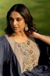 Shop_Sugandh Gupta_Blue Dupion Silk Embroidery Boho Fiore Scoop Neck Yoke Kaftan With Pant _Online_at_Aza_Fashions