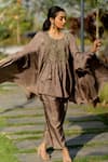 Buy_Sugandh Gupta_Brown Dupion Silk Embroidery Boho Flora Scoop Neck Yoke Kaftan With Pant _at_Aza_Fashions