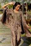 Shop_Sugandh Gupta_Brown Dupion Silk Embroidery Boho Flora Scoop Neck Yoke Kaftan With Pant _at_Aza_Fashions