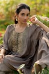 Sugandh Gupta_Brown Dupion Silk Embroidery Boho Flora Scoop Neck Yoke Kaftan With Pant _Online_at_Aza_Fashions