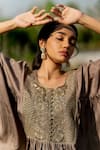 Shop_Sugandh Gupta_Brown Dupion Silk Embroidery Boho Flora Scoop Neck Yoke Kaftan With Pant _Online_at_Aza_Fashions