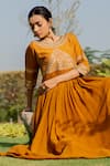 Shop_Sugandh Gupta_Yellow Dupion Silk Embroidery Phool Darbar Round Neck Cosmic Gown _at_Aza_Fashions