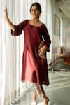 Buy_Sugandh Gupta_Wine Dupion Silk Embroidery Chand Serenity Side Pocket Kurta With Trouser _at_Aza_Fashions