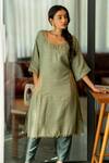 Sugandh Gupta_Green Dupion Silk Embroidery Chand Phool Round Side Pocket Kurta With Trouser _Online_at_Aza_Fashions