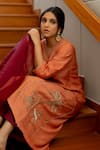 Shop_Sugandh Gupta_Peach Dupion Silk Embroidery Sharjah V Neck Dreamy Kurta Pant Set _Online_at_Aza_Fashions