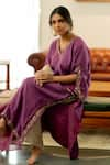 Shop_Sugandh Gupta_Purple Dupion Silk Embroidery Flora Vine V Neck Kurta Pant Set _at_Aza_Fashions