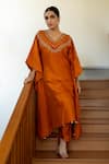 Buy_Sugandh Gupta_Orange Dupion Silk Embroidery Gulshan V Neck Apricot Aura Kaftan With Pant _at_Aza_Fashions