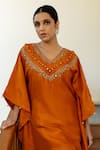 Shop_Sugandh Gupta_Orange Dupion Silk Embroidery Gulshan V Neck Apricot Aura Kaftan With Pant _Online_at_Aza_Fashions