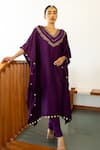 Buy_Sugandh Gupta_Purple Dupion Silk Embroidery Bahar V Neck Kaftan With Pant _at_Aza_Fashions