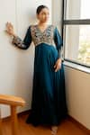 Sugandh Gupta_Blue Dupion Silk Embroidery Mughal Fleur V Neck Gown _Online_at_Aza_Fashions