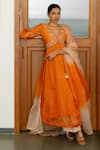 Buy_Sugandh Gupta_Orange Dupion Silk Embroidery Sequin Fiore Vine V Neck Anarkali Set _at_Aza_Fashions