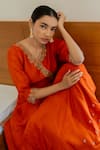 Shop_Sugandh Gupta_Orange Dupion Silk Embroidery Fiore Blossom V Neck Angarkha Gown _at_Aza_Fashions