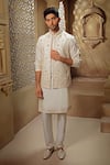 Buy_Vanshik_White Spun Silk Embroidery Floral Vine Bundi Kurta Set _at_Aza_Fashions