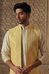 Vanshik_Yellow Raw Silk Embroidery Floral Jaal Bundi Kurta Set _Online_at_Aza_Fashions