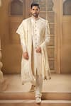 Buy_Vanshik_White Raw Silk Embroidery Butti Sherwani Pant Set _at_Aza_Fashions