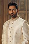 Vanshik_White Raw Silk Embroidery Butti Sherwani Pant Set _Online_at_Aza_Fashions