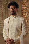 Vanshik_Beige Raw Silk Embroidered Dori Floral Jaal Sherwani Pyjama Set _Online_at_Aza_Fashions