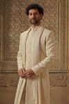 Buy_Vanshik_Beige Raw Silk Embroidered Dori Floral Jaal Sherwani Pyjama Set _Online_at_Aza_Fashions