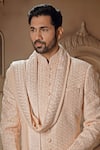 Vanshik_Pink Silk Embroidered Swarovski Floral Jaali Sherwani Pant Set _Online_at_Aza_Fashions