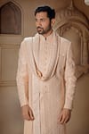 Buy_Vanshik_Pink Silk Embroidered Swarovski Floral Jaali Sherwani Pant Set _Online_at_Aza_Fashions