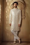 Buy_Vanshik_Off White Spun Silk Embroidered Aari Floral Vine Dori Open Sherwani Pant Set _at_Aza_Fashions