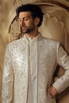 Vanshik_Off White Spun Silk Embroidered Aari Floral Vine Dori Open Sherwani Pant Set _Online_at_Aza_Fashions