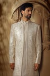 Buy_Vanshik_Off White Spun Silk Embroidered Aari Floral Vine Dori Open Sherwani Pant Set _Online_at_Aza_Fashions