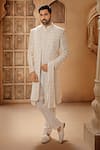 Buy_Vanshik_Off White Raw Silk Embroidered Resham Botanic Sherwani Pant Set _at_Aza_Fashions